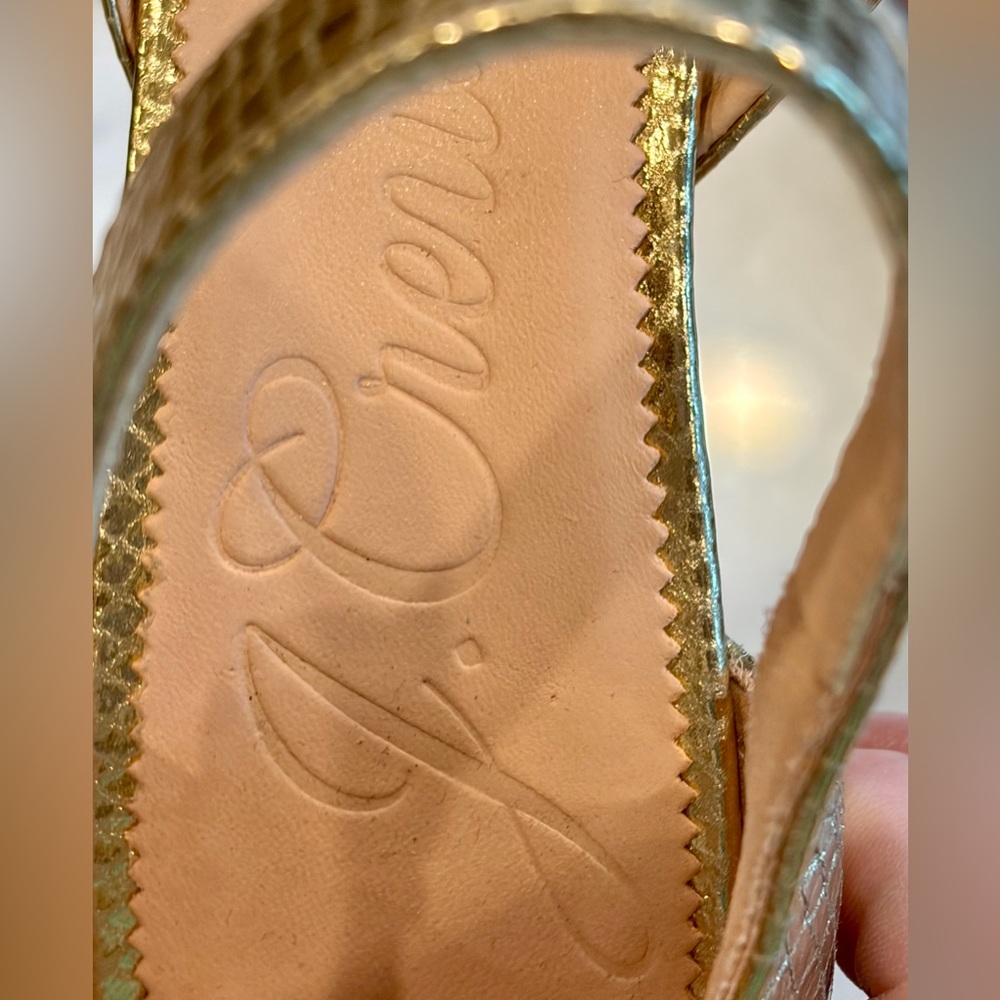 J Crew Millie maryjane heels, snake-embossed gold leather, silver cap toes,8.5 - Picture 15 of 16